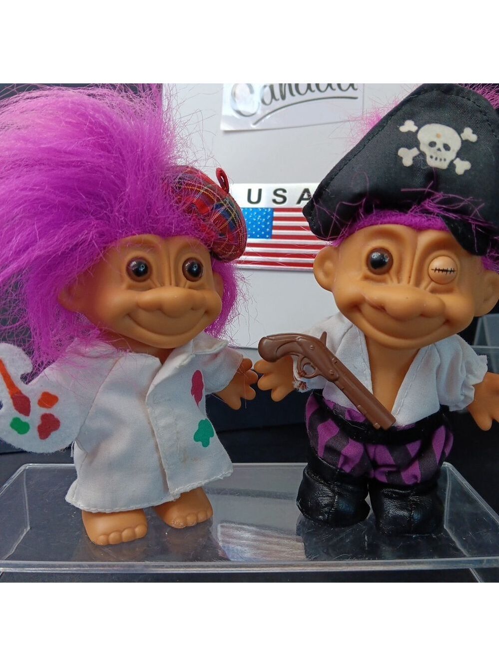 2 Vintage Russ Troll Dolls Painter and My Lucky Pirate Purple Hair CN